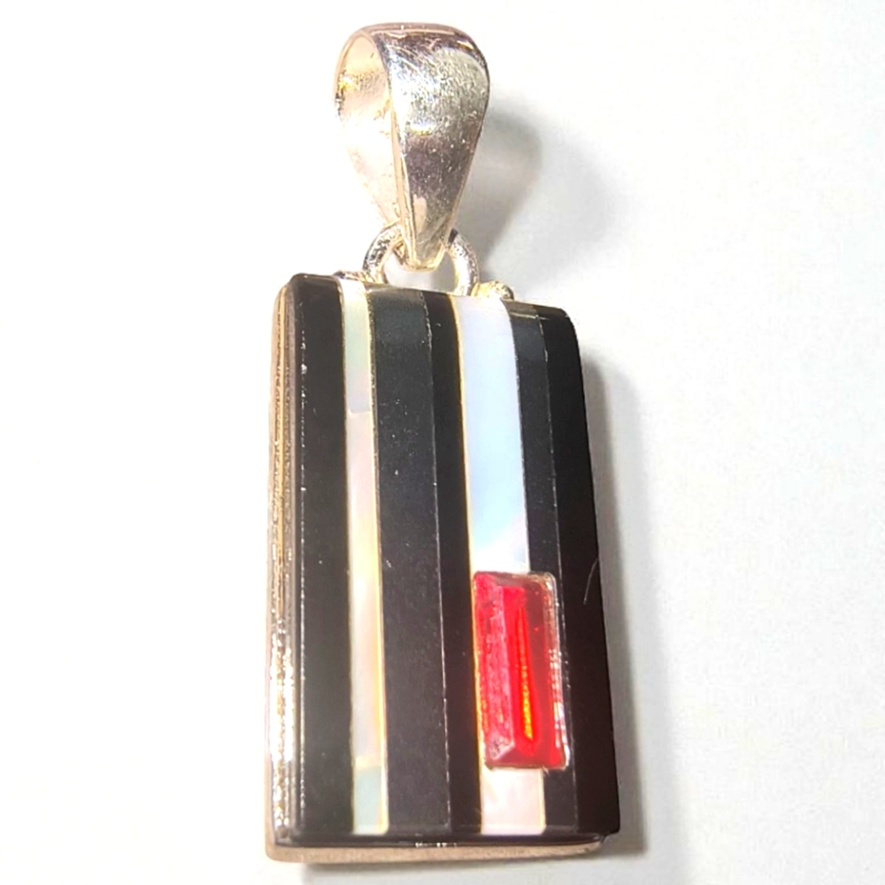 Contemporary Pendant With Garnet, MOP Shell & Onyx In Sterling Silver